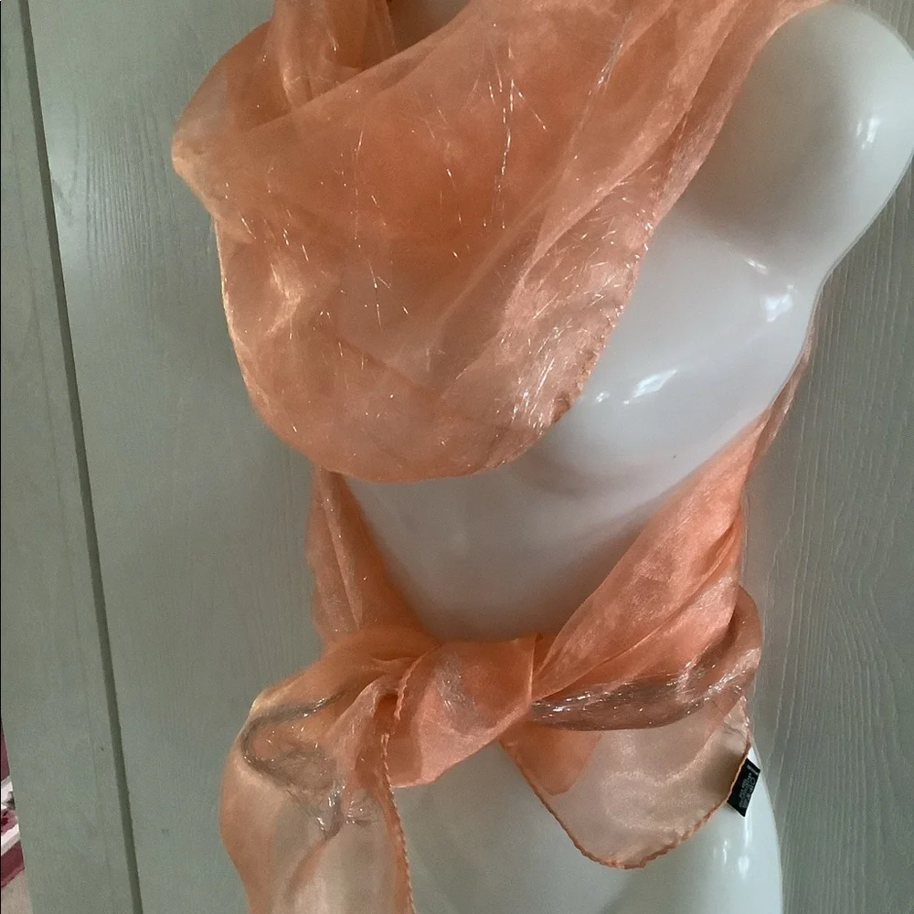 Scarf silk look silver sparkles versatile peach can be worn many ways. 72”x20”
